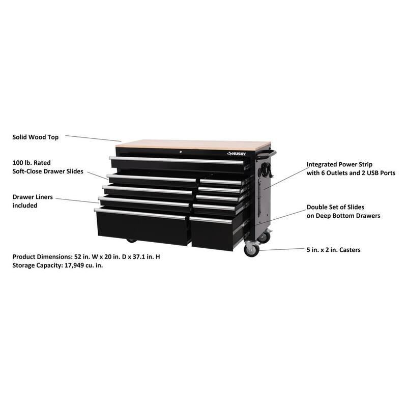 Gabinete de trabajo móvil negro estándar con almacenamiento modular para herramientas Husky de 52 pulgadas de ancho por 20 pulgadas de profundidad - H52MWC10MOD
