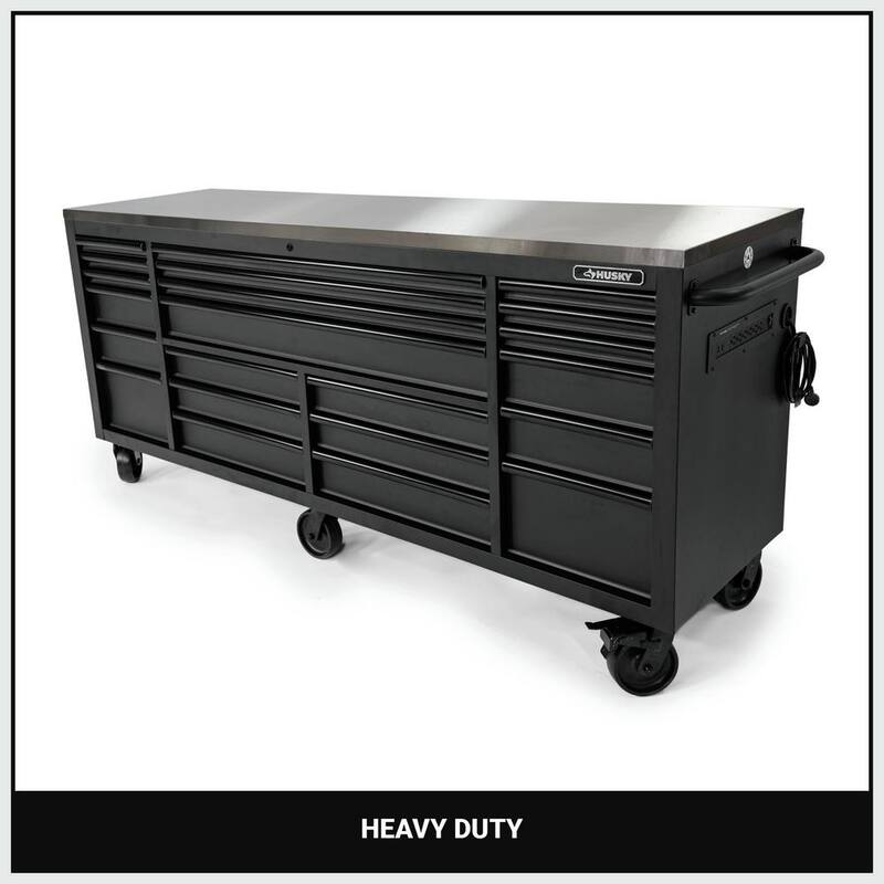 Almacenamiento de herramientas Husky 84 pulgadas de ancho x 24 pulgadas de profundidad. Banco de trabajo móvil resistente con caja de herramientas y superficie de trabajo de acero inoxidable en negro matte - HOTC8422BB1M