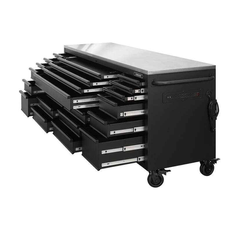 Almacenamiento de herramientas Husky 84 pulgadas de ancho x 24 pulgadas de profundidad. Banco de trabajo móvil resistente con caja de herramientas y superficie de trabajo de acero inoxidable en negro matte - HOTC8422BB1M