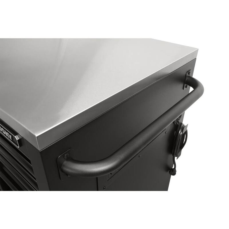 Almacenamiento de herramientas Husky 84 pulgadas de ancho x 24 pulgadas de profundidad. Banco de trabajo móvil resistente con caja de herramientas y superficie de trabajo de acero inoxidable en negro matte - HOTC8422BB1M