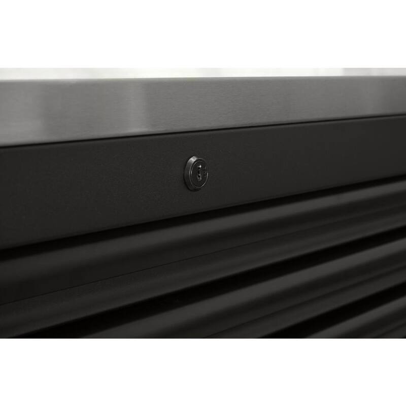 Almacenamiento de herramientas Husky 84 pulgadas de ancho x 24 pulgadas de profundidad. Banco de trabajo móvil resistente con caja de herramientas y superficie de trabajo de acero inoxidable en negro matte - HOTC8422BB1M