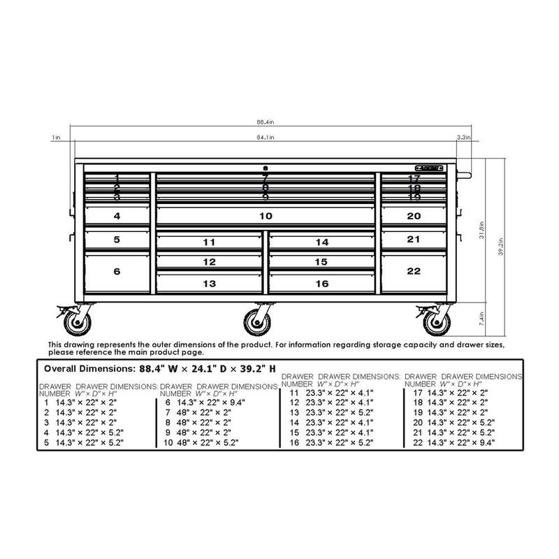 Almacenamiento de herramientas Husky 84 pulgadas de ancho x 24 pulgadas de profundidad. Banco de trabajo móvil resistente con caja de herramientas y superficie de trabajo de acero inoxidable en negro matte - HOTC8422BB1M