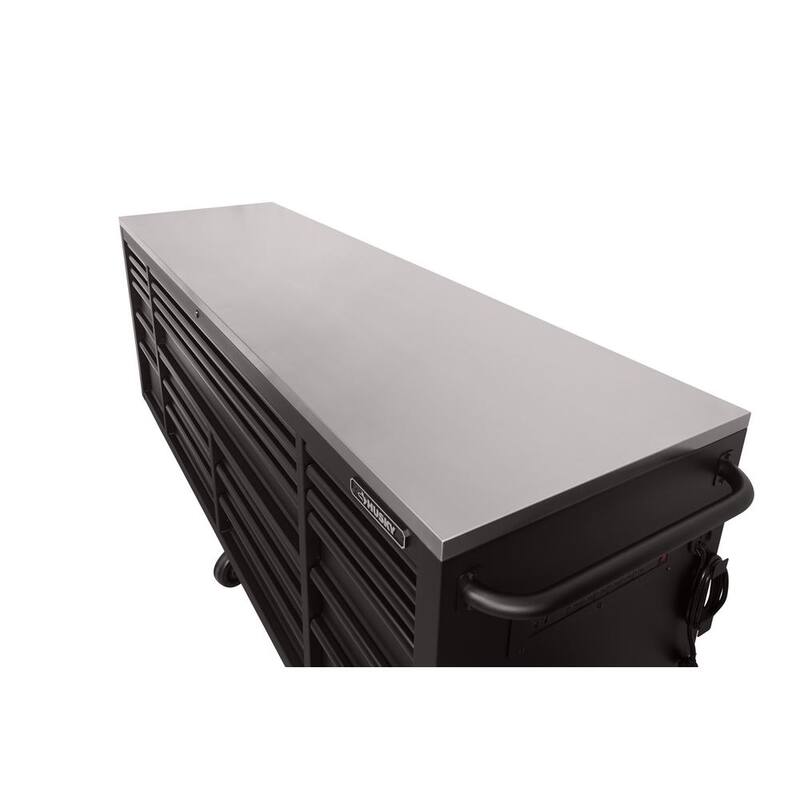Almacenamiento de herramientas Husky 84 pulgadas de ancho x 24 pulgadas de profundidad. Banco de trabajo móvil resistente con caja de herramientas y superficie de trabajo de acero inoxidable en negro matte - HOTC8422BB1M