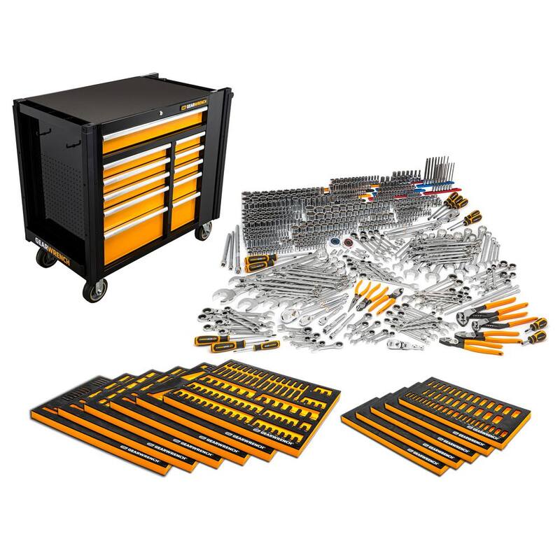 Banco de trabajo móvil GEARWRENCH MEGAMOD de 41 pulgadas de ancho x 25 pulgadas de profundidad con gabinetes de 11 cajones y juego de herramientas para mecánicos en bandejas de espuma - MEGAMODMRO