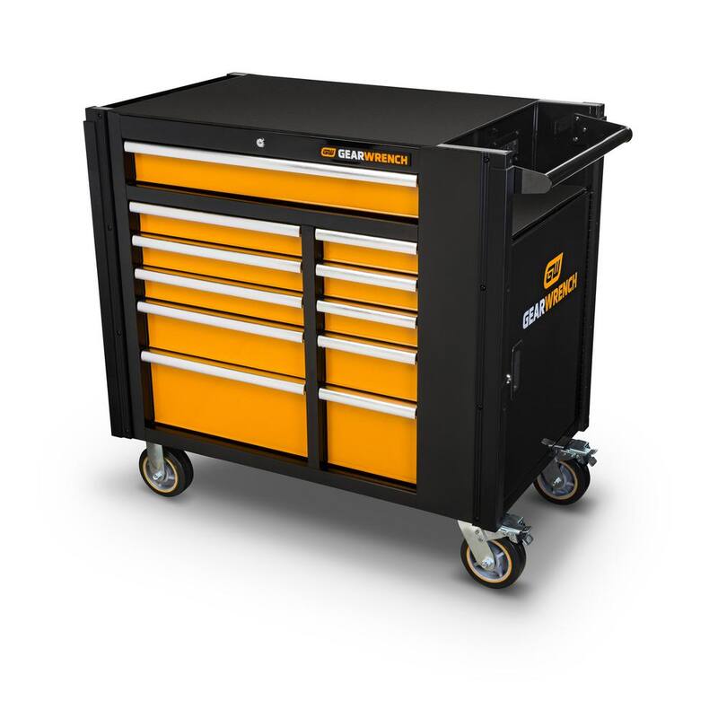 Banco de trabajo móvil GEARWRENCH MEGAMOD de 41 pulgadas de ancho x 25 pulgadas de profundidad con gabinetes de 11 cajones y juego de herramientas para mecánicos en bandejas de espuma - MEGAMODMRO