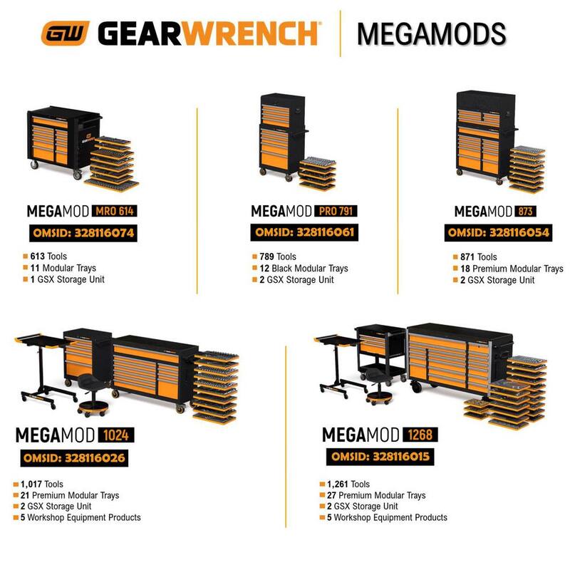 Banco de trabajo móvil GEARWRENCH MEGAMOD de 41 pulgadas de ancho x 25 pulgadas de profundidad con gabinetes de 11 cajones y juego de herramientas para mecánicos en bandejas de espuma - MEGAMODMRO