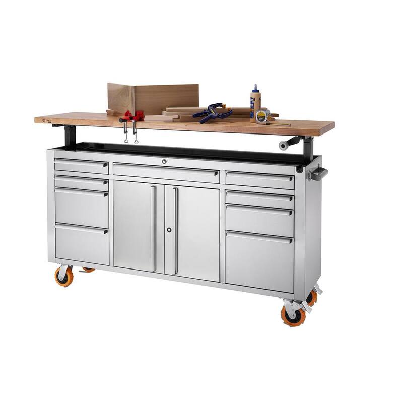 TRINITY PRO 72 pulgadas de ancho x 19 pulgadas de profundidad 9 cajones banco de trabajo de acero inoxidable con parte superior ajustable - TLSF-7211