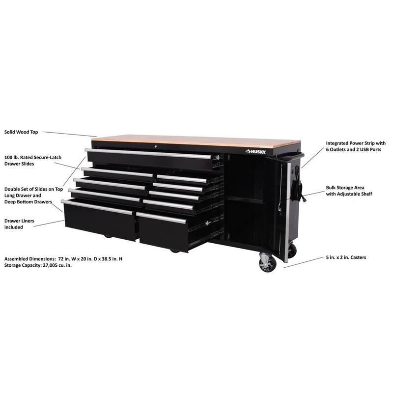 Gabinete de banco de trabajo móvil Husky Standard Duty de 72 pulgadas de ancho por 20 pulgadas de profundidad y 10 cajones con cubierta de madera maciza - H72MWC10BLKUS