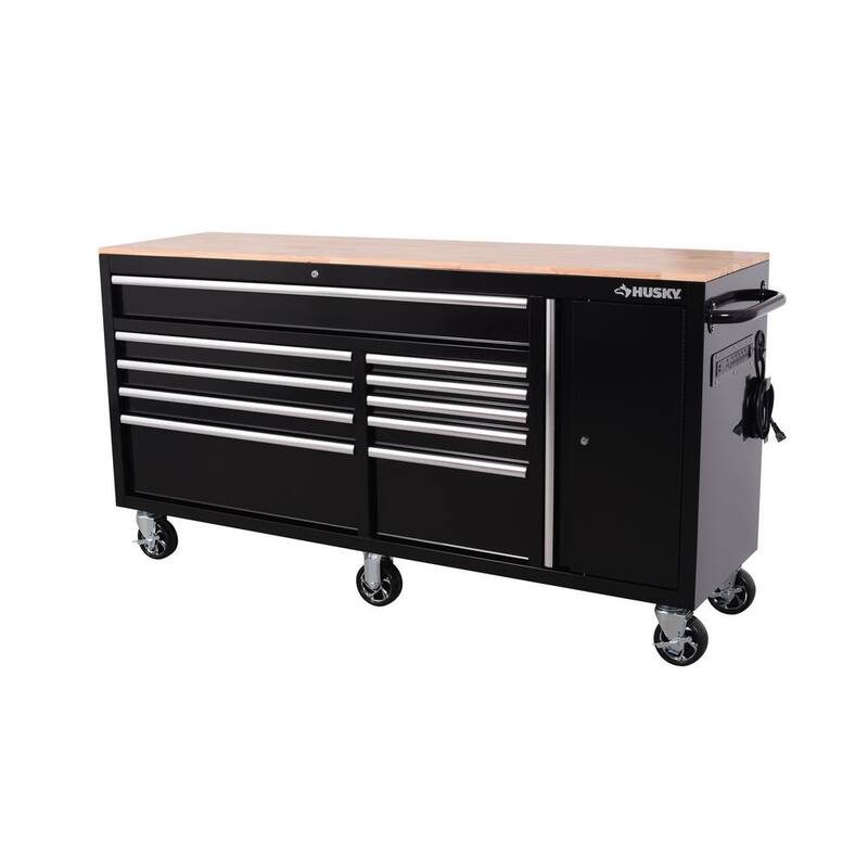 Gabinete de banco de trabajo móvil Husky Standard Duty de 72 pulgadas de ancho por 20 pulgadas de profundidad y 10 cajones con cubierta de madera maciza - H72MWC10BLKUS