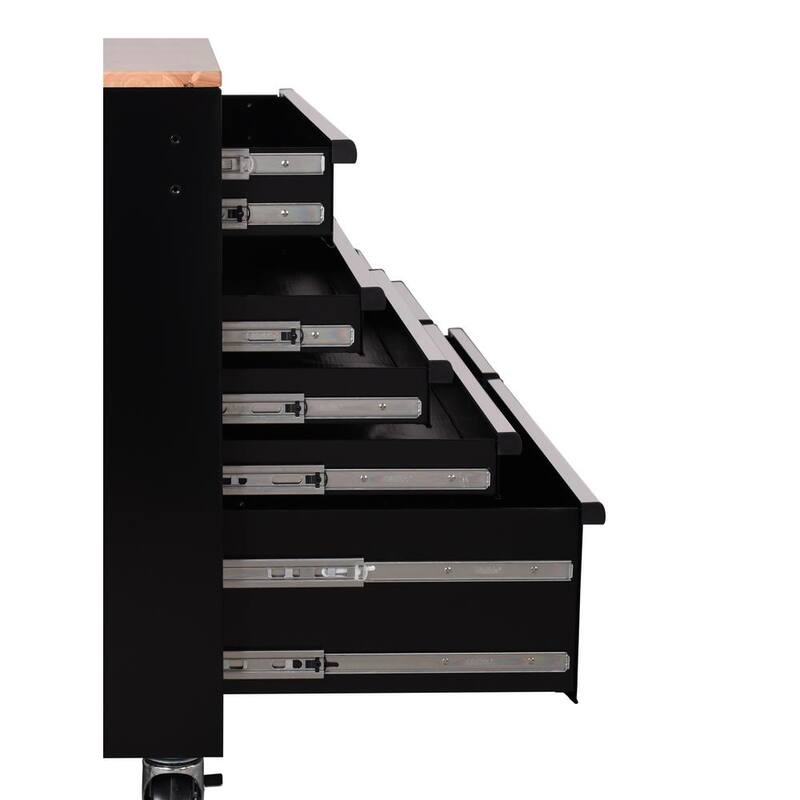 Gabinete de banco de trabajo móvil Husky Standard Duty de 72 pulgadas de ancho por 20 pulgadas de profundidad y 10 cajones con cubierta de madera maciza - H72MWC10BLKUS