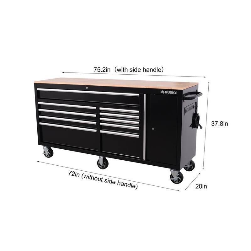 Gabinete de banco de trabajo móvil Husky Standard Duty de 72 pulgadas de ancho por 20 pulgadas de profundidad y 10 cajones con cubierta de madera maciza - H72MWC10BLKUS