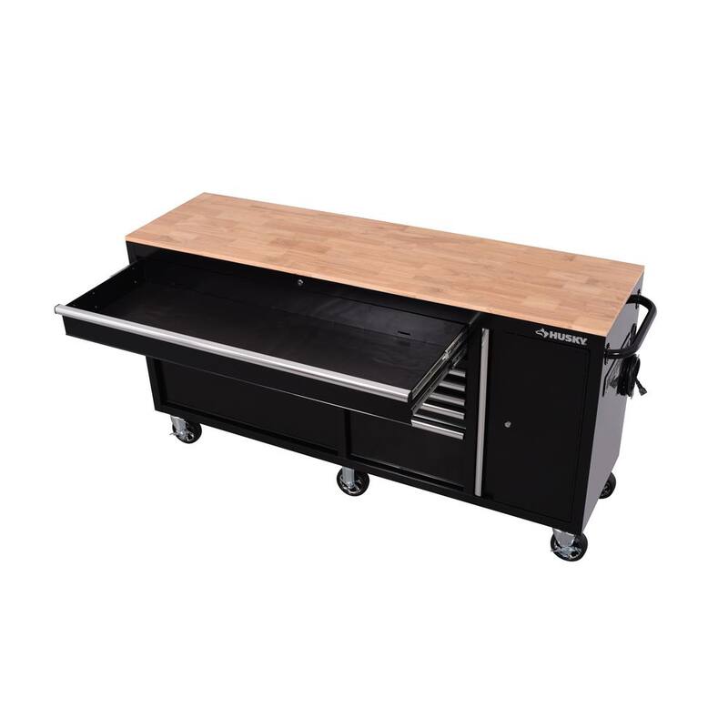 Gabinete de banco de trabajo móvil Husky Standard Duty de 72 pulgadas de ancho por 20 pulgadas de profundidad y 10 cajones con cubierta de madera maciza - H72MWC10BLKUS