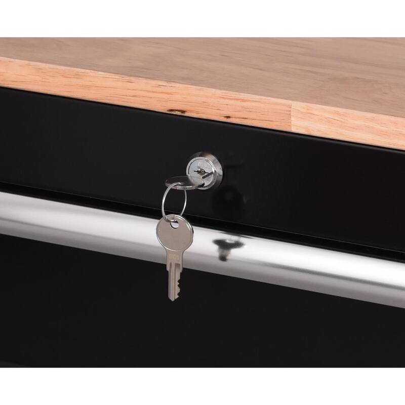 Gabinete de banco de trabajo móvil Husky Standard Duty de 72 pulgadas de ancho por 20 pulgadas de profundidad y 10 cajones con cubierta de madera maciza - H72MWC10BLKUS