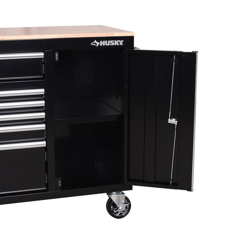 Gabinete de banco de trabajo móvil Husky Standard Duty de 72 pulgadas de ancho por 20 pulgadas de profundidad y 10 cajones con cubierta de madera maciza - H72MWC10BLKUS