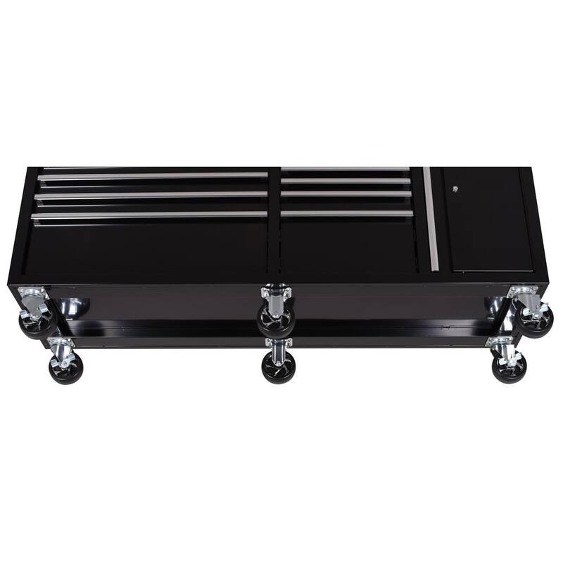 Gabinete de banco de trabajo móvil Husky Standard Duty de 72 pulgadas de ancho por 20 pulgadas de profundidad y 10 cajones con cubierta de madera maciza - H72MWC10BLKUS