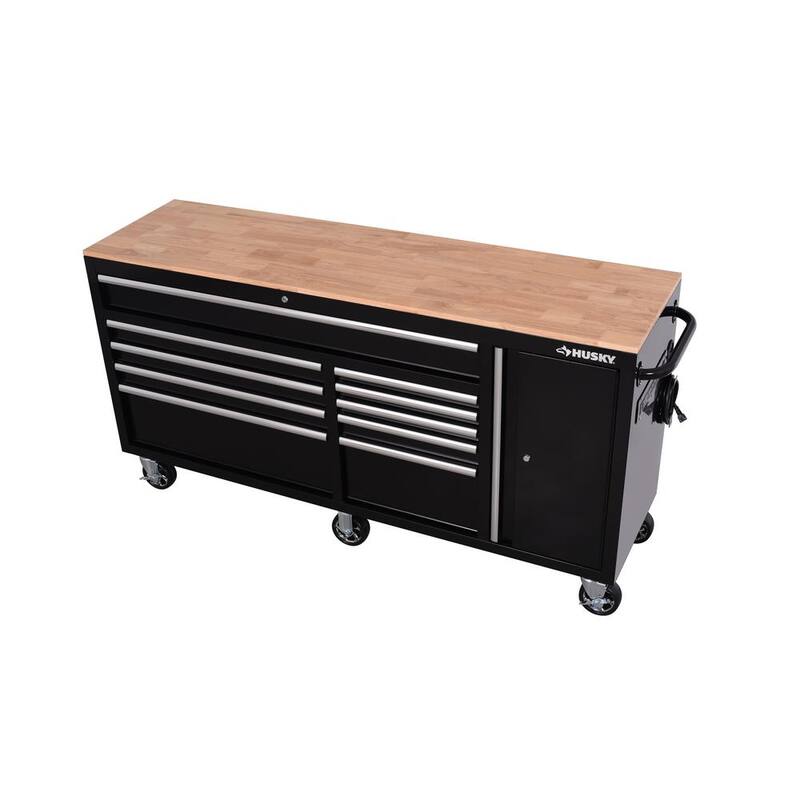 Gabinete de banco de trabajo móvil Husky Standard Duty de 72 pulgadas de ancho por 20 pulgadas de profundidad y 10 cajones con cubierta de madera maciza - H72MWC10BLKUS