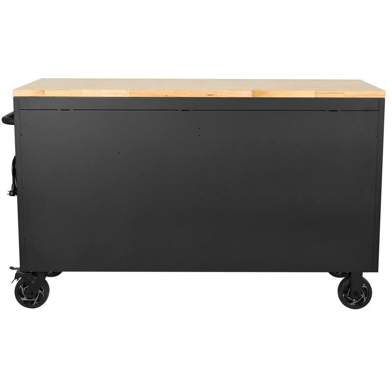 Banco de trabajo móvil para herramientas pesado de 15 cajones con cubierta de madera sólida en negro mate de 61 pulgadas de ancho x 23 pulgadas de profundidad.