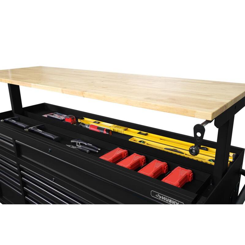 Banco de trabajo móvil con gavetas pesado de 72 pulgadas de ancho por 24 pulgadas de profundidad y parte superior de madera dura ajustable en altura en negro mate - HOLC7218BB1MYS