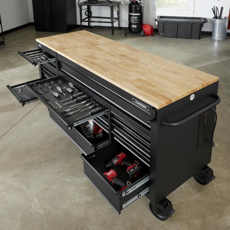 Banco de trabajo móvil con gavetas pesado de 72 pulgadas de ancho por 24 pulgadas de profundidad y parte superior de madera dura ajustable en altura en negro mate - HOLC7218BB1MYS