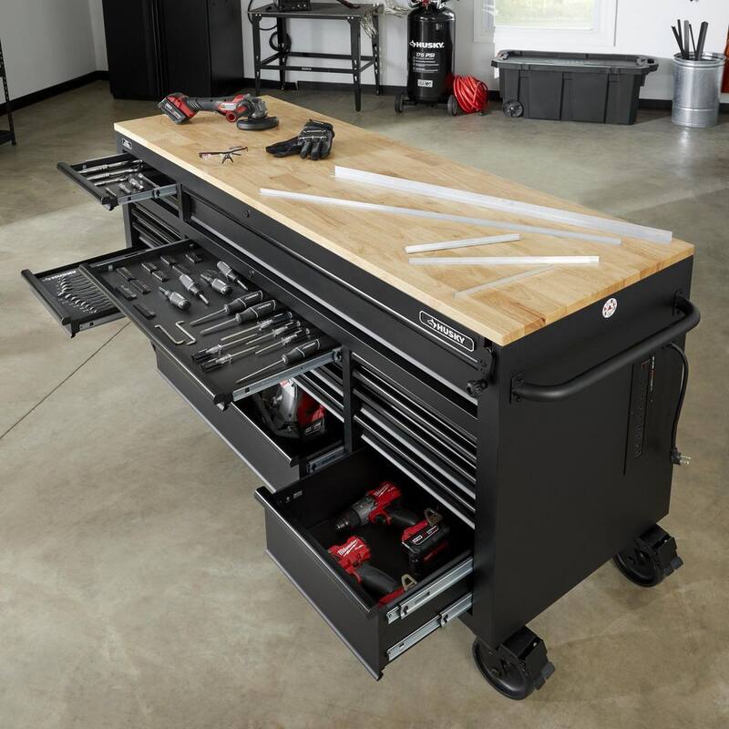 Banco de trabajo móvil con gavetas pesado de 72 pulgadas de ancho por 24 pulgadas de profundidad y parte superior de madera dura ajustable en altura en negro mate - HOLC7218BB1MYS