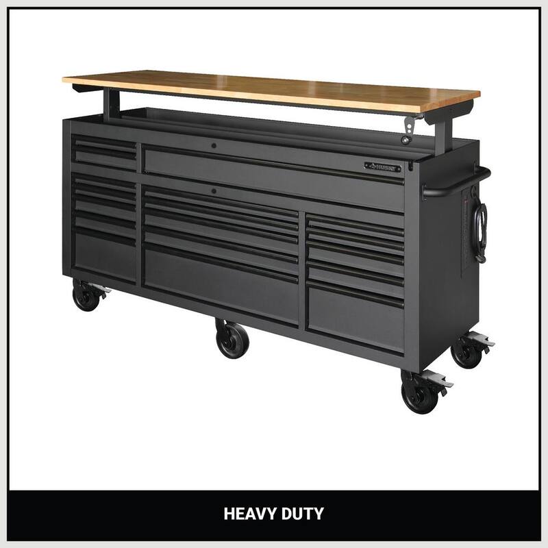 Banco de trabajo móvil con gavetas pesado de 72 pulgadas de ancho por 24 pulgadas de profundidad y parte superior de madera dura ajustable en altura en negro mate - HOLC7218BB1MYS