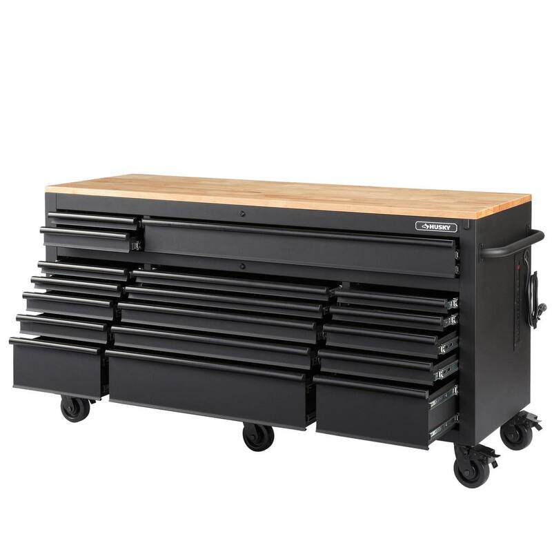 Banco de trabajo móvil con gavetas pesado de 72 pulgadas de ancho por 24 pulgadas de profundidad y parte superior de madera dura ajustable en altura en negro mate - HOLC7218BB1MYS