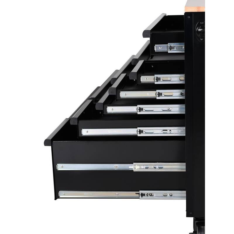 Banco de trabajo móvil con gabinete de herramientas estándar de 10 cajones Husky de 52 pulgadas de ancho x 24.5 pulgadas de profundidad con parte superior de madera sólida en color negro brillante - H52MWC10BLK.