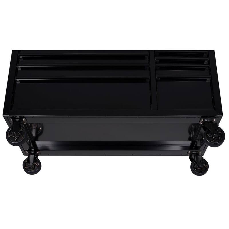 Banco de trabajo móvil con gabinete de herramientas estándar de 10 cajones Husky de 52 pulgadas de ancho x 24.5 pulgadas de profundidad con parte superior de madera sólida en color negro brillante - H52MWC10BLK.