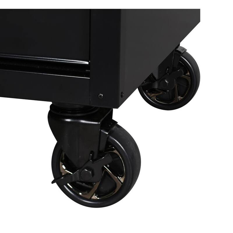 Banco de trabajo móvil con gabinete de herramientas estándar de 10 cajones Husky de 52 pulgadas de ancho x 24.5 pulgadas de profundidad con parte superior de madera sólida en color negro brillante - H52MWC10BLK.