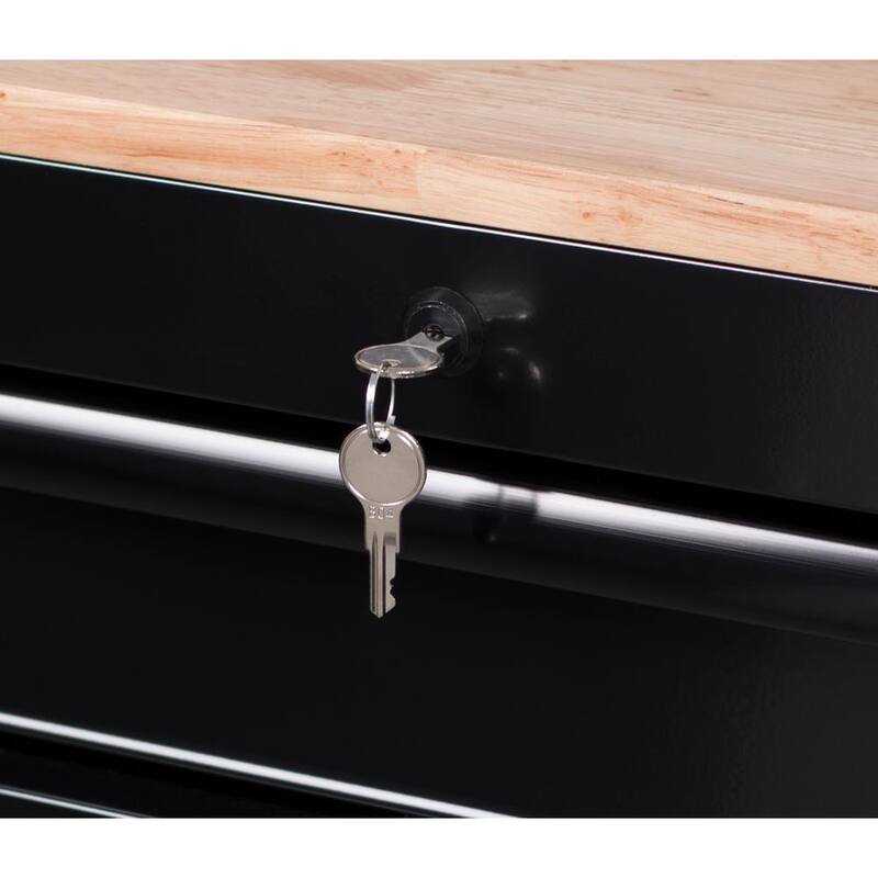 Banco de trabajo móvil con gabinete de herramientas estándar de 10 cajones Husky de 52 pulgadas de ancho x 24.5 pulgadas de profundidad con parte superior de madera sólida en color negro brillante - H52MWC10BLK.