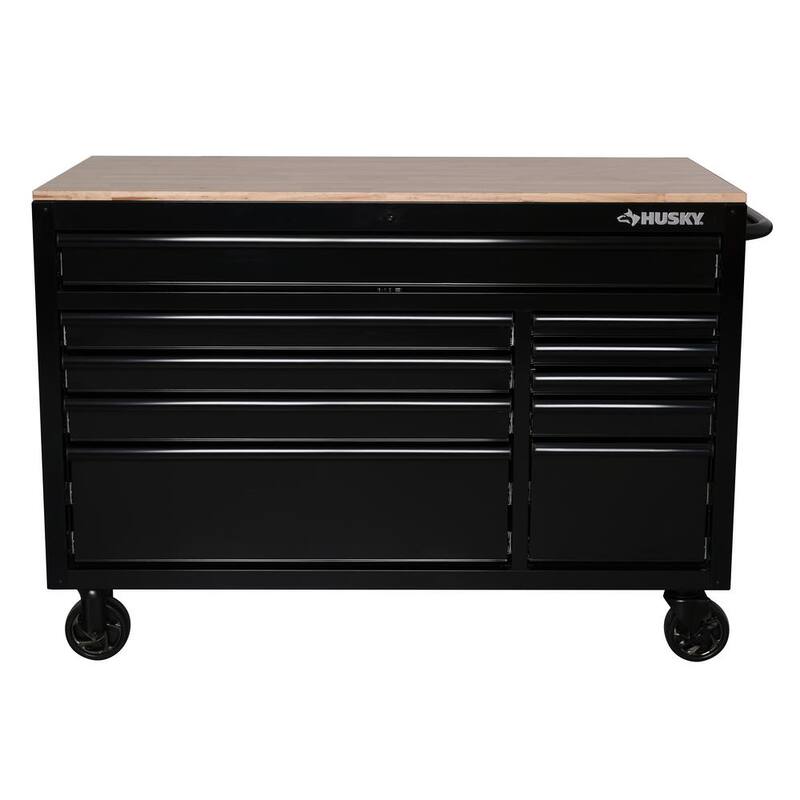 Banco de trabajo móvil con gabinete de herramientas estándar de 10 cajones Husky de 52 pulgadas de ancho x 24.5 pulgadas de profundidad con parte superior de madera sólida en color negro brillante - H52MWC10BLK.