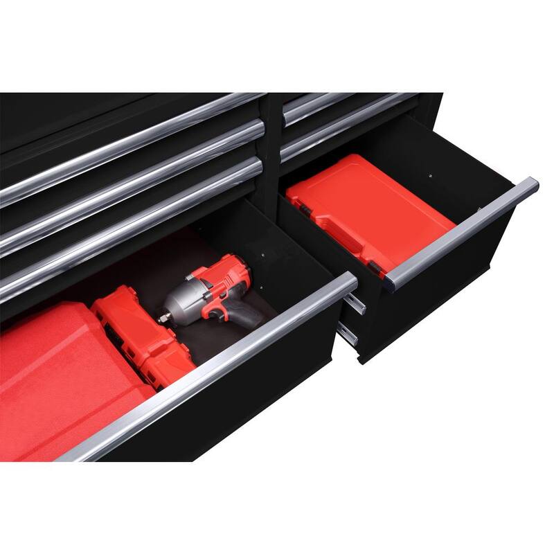 Banco de trabajo móvil con 9 cajones estándar de deber medio Husky de 52 pulgadas de ancho x 25 pulgadas de profundidad con parte superior de madera sólida en color negro brillante - HOTC5209B12M