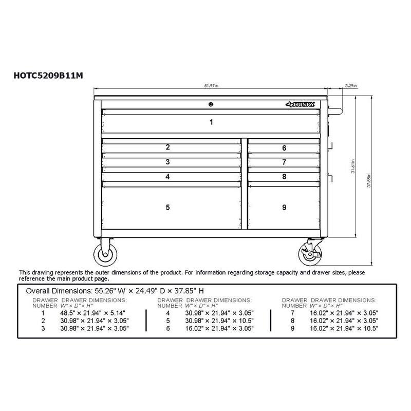Banco de trabajo móvil con 9 cajones estándar de deber medio Husky de 52 pulgadas de ancho x 25 pulgadas de profundidad con parte superior de madera sólida en color negro brillante - HOTC5209B12M