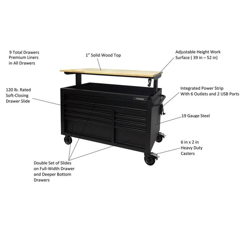 Banco de trabajo móvil de 9 cajones pesado Husky de 52 pulgadas de ancho x 25 pulgadas de profundidad con encimera de madera dura ajustable en altura en negro mate - HOLC5209BB1M