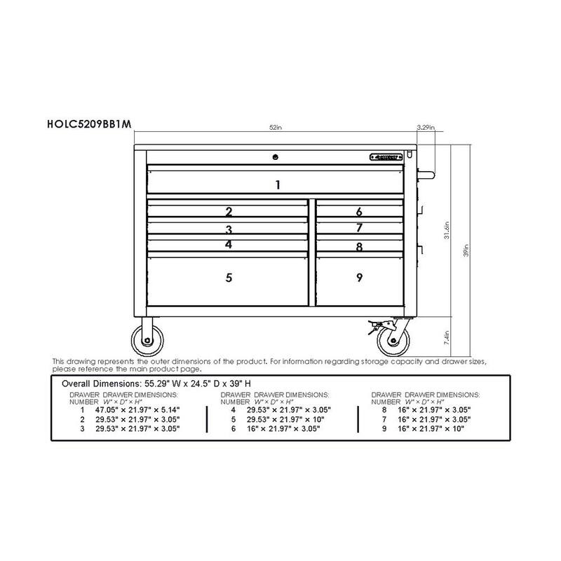 Banco de trabajo móvil de 9 cajones pesado Husky de 52 pulgadas de ancho x 25 pulgadas de profundidad con encimera de madera dura ajustable en altura en negro mate - HOLC5209BB1M