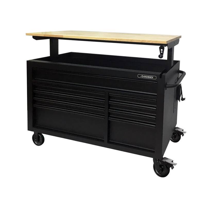 Banco de trabajo móvil de 9 cajones pesado Husky de 52 pulgadas de ancho x 25 pulgadas de profundidad con encimera de madera dura ajustable en altura en negro mate - HOLC5209BB1M