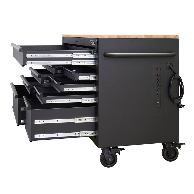 Banco de trabajo móvil de 9 cajones pesado Husky de 52 pulgadas de ancho x 25 pulgadas de profundidad con encimera de madera dura ajustable en altura en negro mate - HOLC5209BB1M