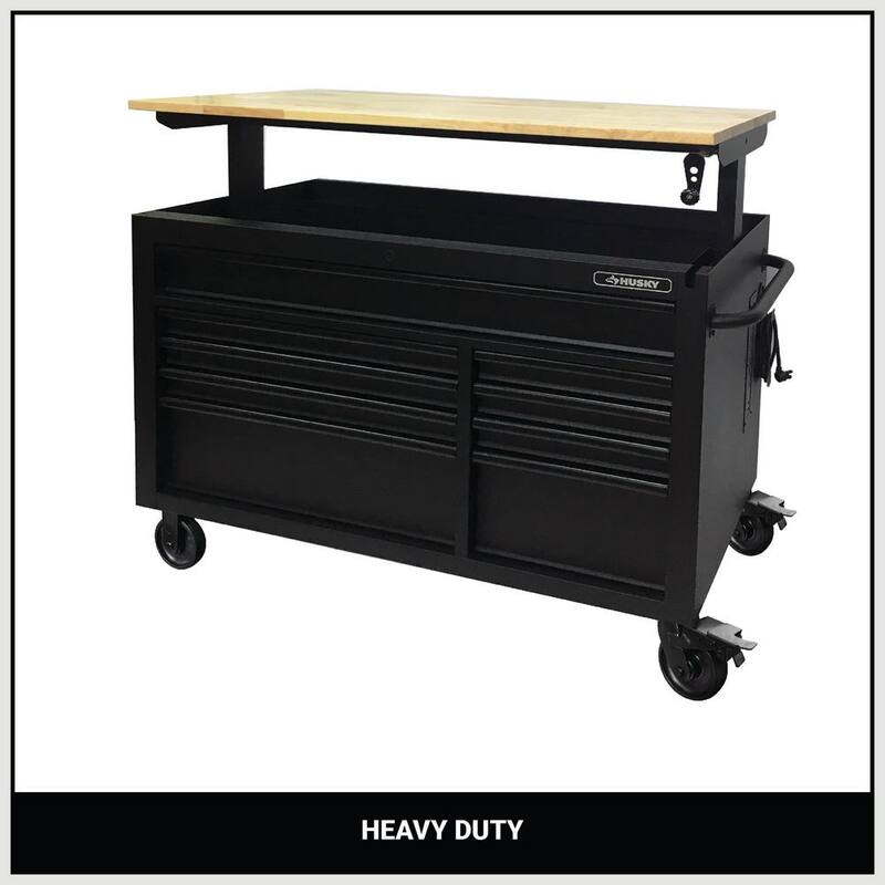 Banco de trabajo móvil de 9 cajones pesado Husky de 52 pulgadas de ancho x 25 pulgadas de profundidad con encimera de madera dura ajustable en altura en negro mate - HOLC5209BB1M