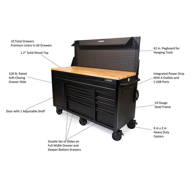 Mesa de trabajo móvil Husky de 10 cajones y 1 puerta con tope de madera dura, panel perforado y repisa en negro mate de 61 pulgadas de ancho x 26 pulgadas de profundidad.