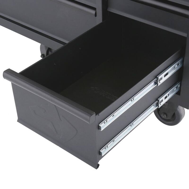 Mesa de trabajo móvil Husky de 10 cajones y 1 puerta con tope de madera dura, panel perforado y repisa en negro mate de 61 pulgadas de ancho x 26 pulgadas de profundidad.