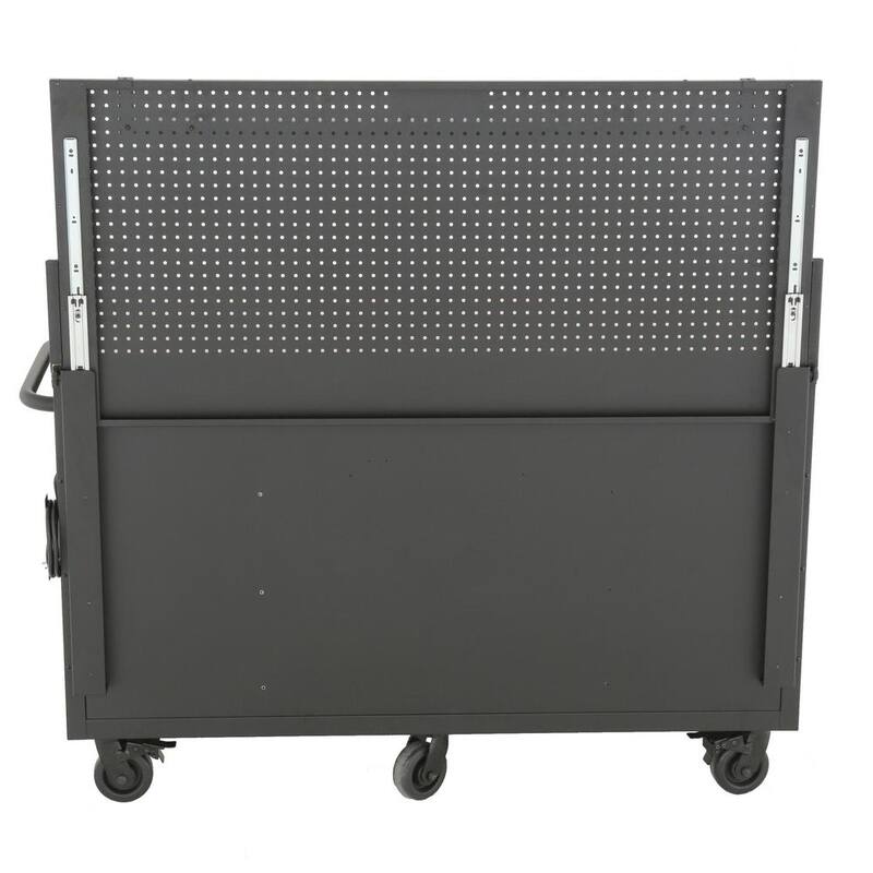 Mesa de trabajo móvil Husky de 10 cajones y 1 puerta con tope de madera dura, panel perforado y repisa en negro mate de 61 pulgadas de ancho x 26 pulgadas de profundidad.