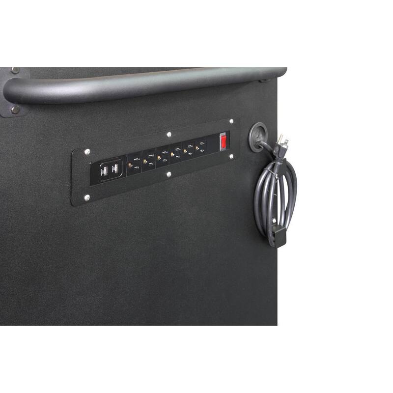 Mesa de trabajo móvil Husky de 10 cajones y 1 puerta con tope de madera dura, panel perforado y repisa en negro mate de 61 pulgadas de ancho x 26 pulgadas de profundidad.