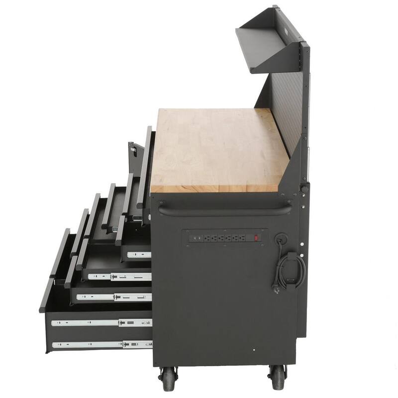 Mesa de trabajo móvil Husky de 10 cajones y 1 puerta con tope de madera dura, panel perforado y repisa en negro mate de 61 pulgadas de ancho x 26 pulgadas de profundidad.