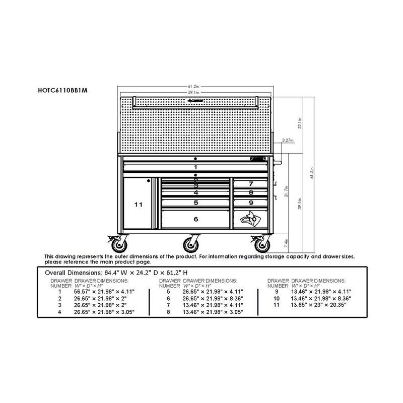 Mesa de trabajo móvil Husky de 10 cajones y 1 puerta con tope de madera dura, panel perforado y repisa en negro mate de 61 pulgadas de ancho x 26 pulgadas de profundidad.