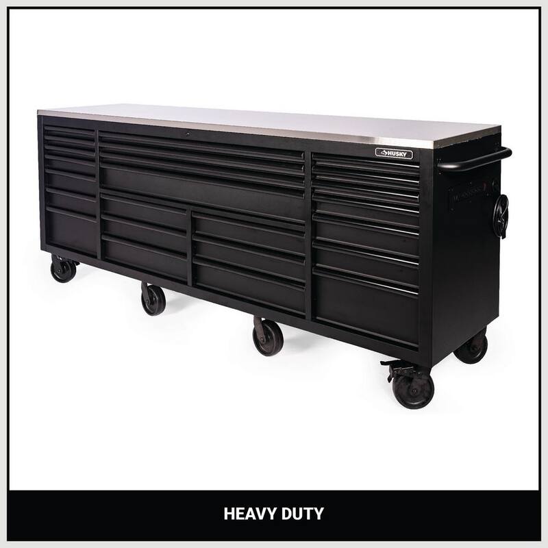 Husky Almacenamiento de herramientas resistente 96 pulgadas de ancho x 24 pulgadas de profundidad Gabinete de banco de trabajo móvil negro mate con parte superior de acero inoxidable - HOTC9624BB1M