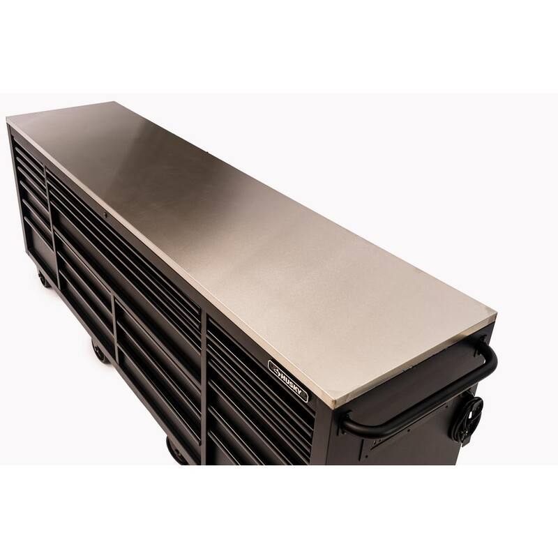 Husky Almacenamiento de herramientas resistente 96 pulgadas de ancho x 24 pulgadas de profundidad Gabinete de banco de trabajo móvil negro mate con parte superior de acero inoxidable - HOTC9624BB1M