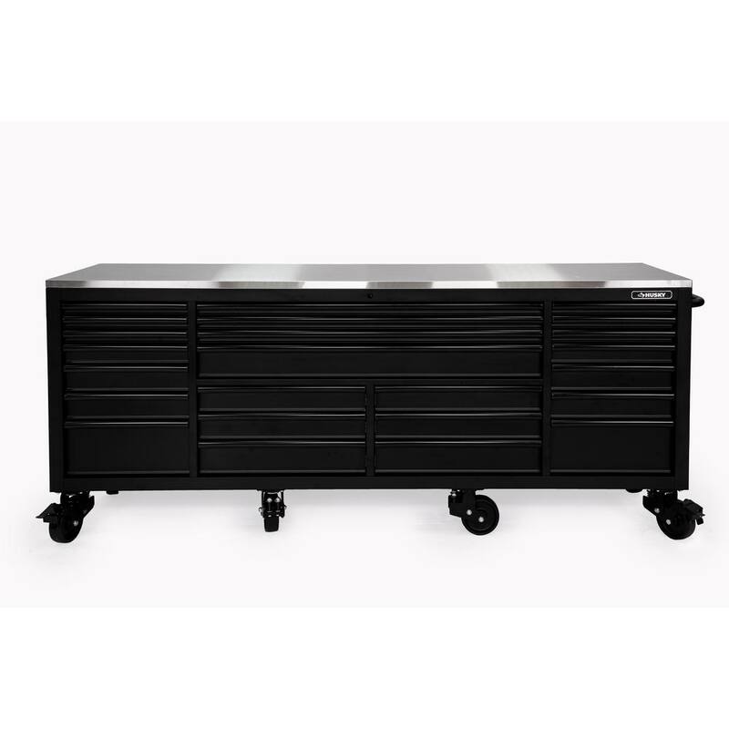 Husky Almacenamiento de herramientas resistente 96 pulgadas de ancho x 24 pulgadas de profundidad Gabinete de banco de trabajo móvil negro mate con parte superior de acero inoxidable - HOTC9624BB1M