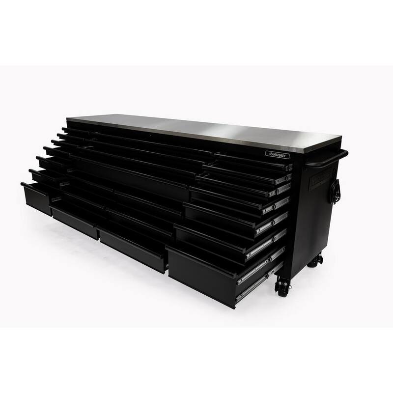 Husky Almacenamiento de herramientas resistente 96 pulgadas de ancho x 24 pulgadas de profundidad Gabinete de banco de trabajo móvil negro mate con parte superior de acero inoxidable - HOTC9624BB1M