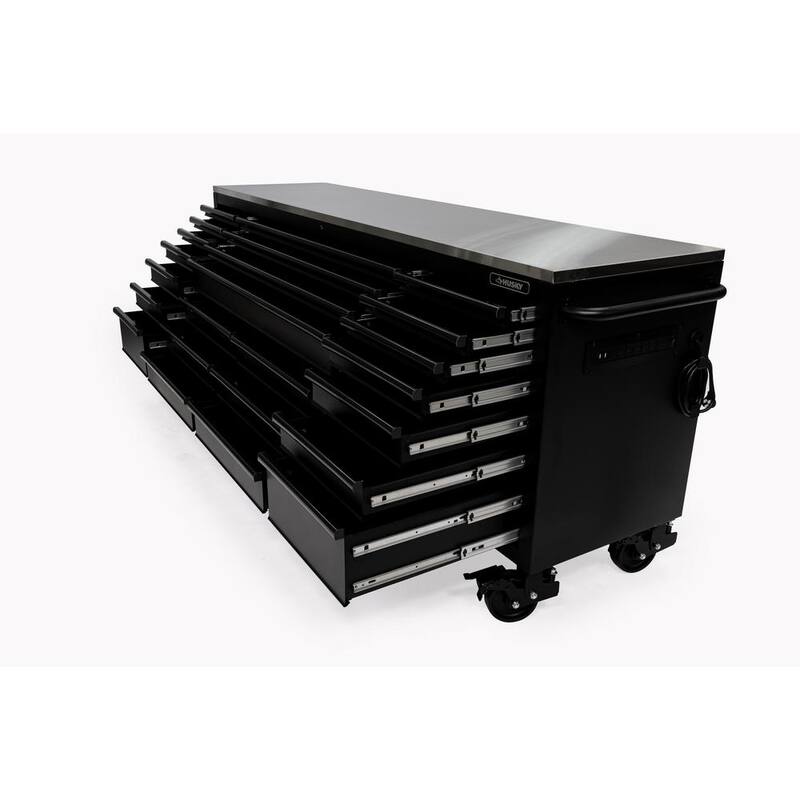 Husky Almacenamiento de herramientas resistente 96 pulgadas de ancho x 24 pulgadas de profundidad Gabinete de banco de trabajo móvil negro mate con parte superior de acero inoxidable - HOTC9624BB1M
