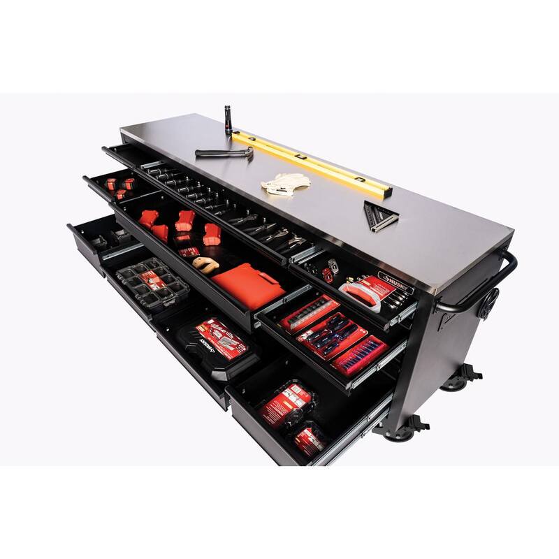 Husky Almacenamiento de herramientas resistente 96 pulgadas de ancho x 24 pulgadas de profundidad Gabinete de banco de trabajo móvil negro mate con parte superior de acero inoxidable - HOTC9624BB1M